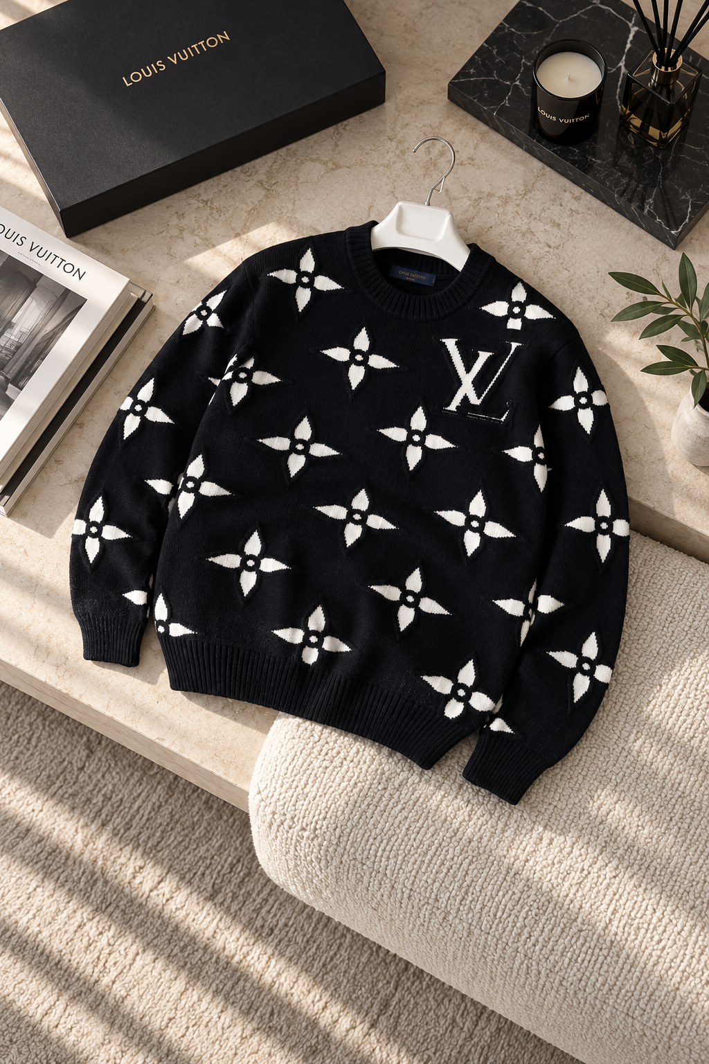 LV Erkek Jakarlı Monogram Desenli Triko Kazak