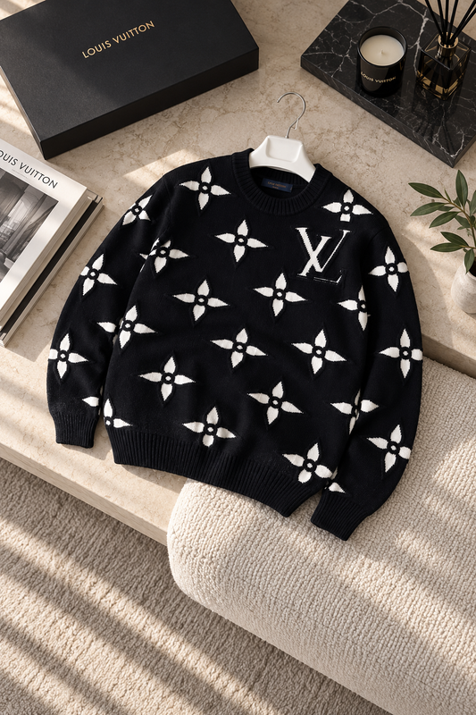 LV Erkek Jakarlı Monogram Desenli Triko Kazak