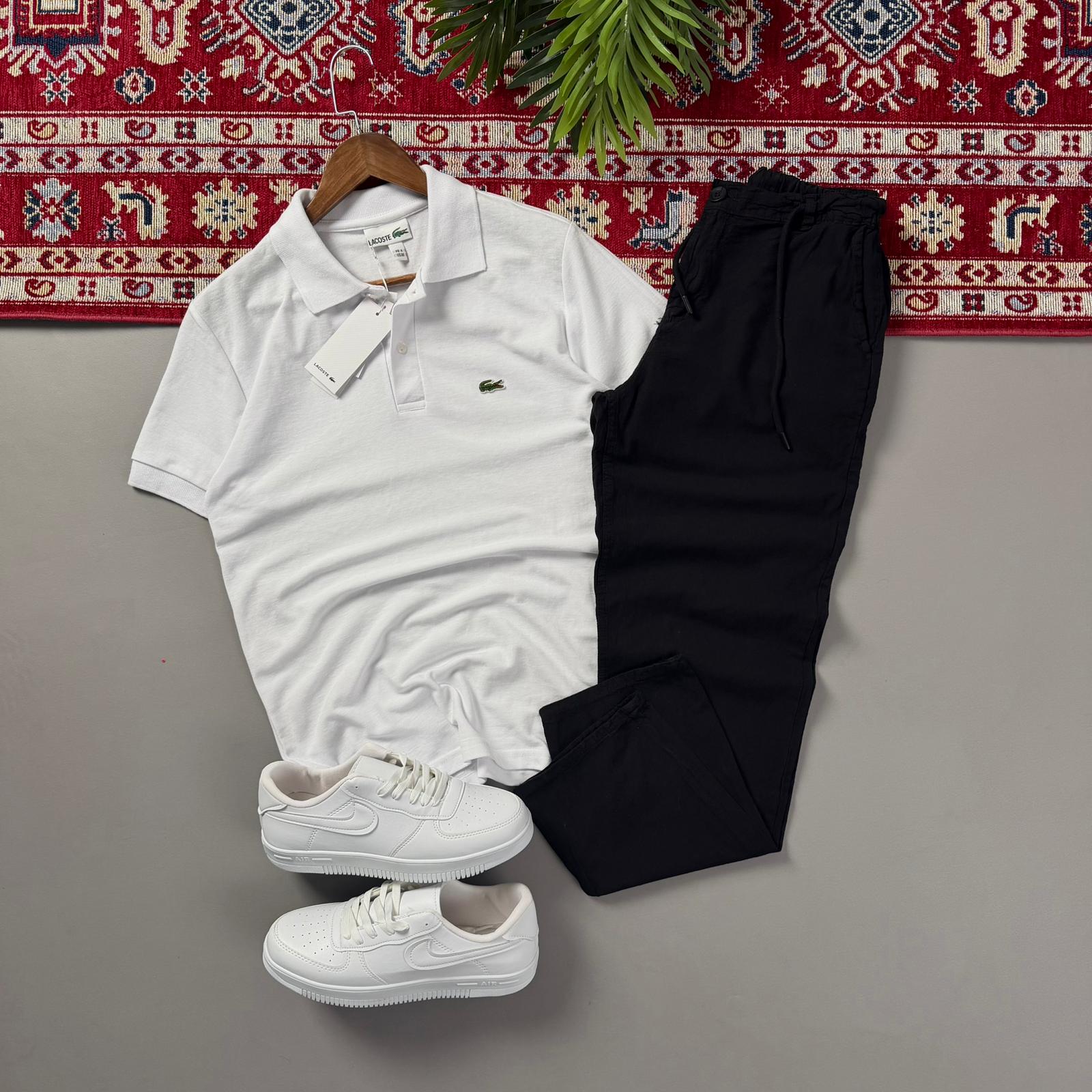 Beyaz Lacoste Polo Yaka Beyaz Keten Pantolonlu Kombin