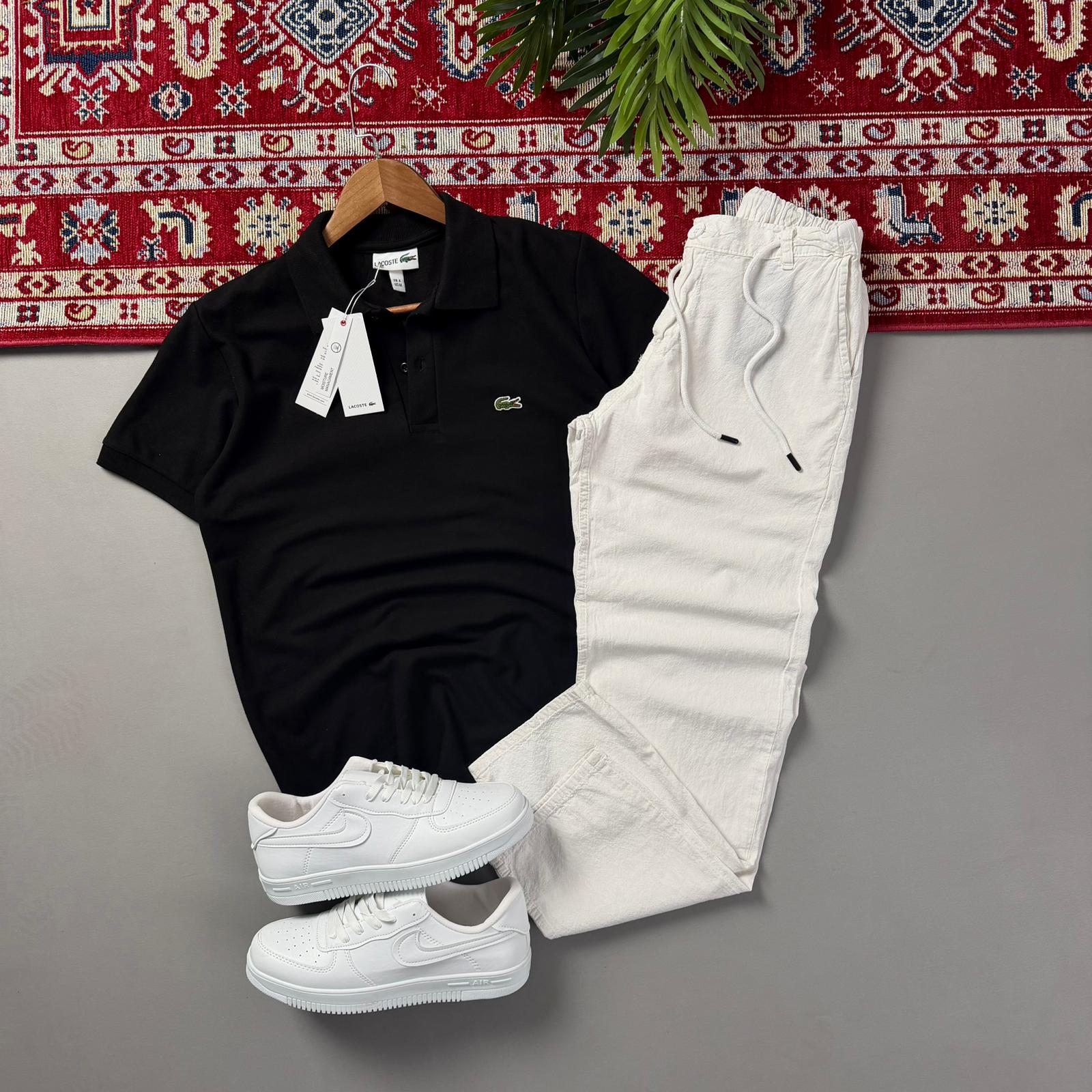 Siyah Lacoste Polo Yaka Beyaz Keten Pantolonlu Kombin
