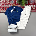 Lacivert Lacoste Polo Yaka Beyaz Keten Pantolonlu Kombin