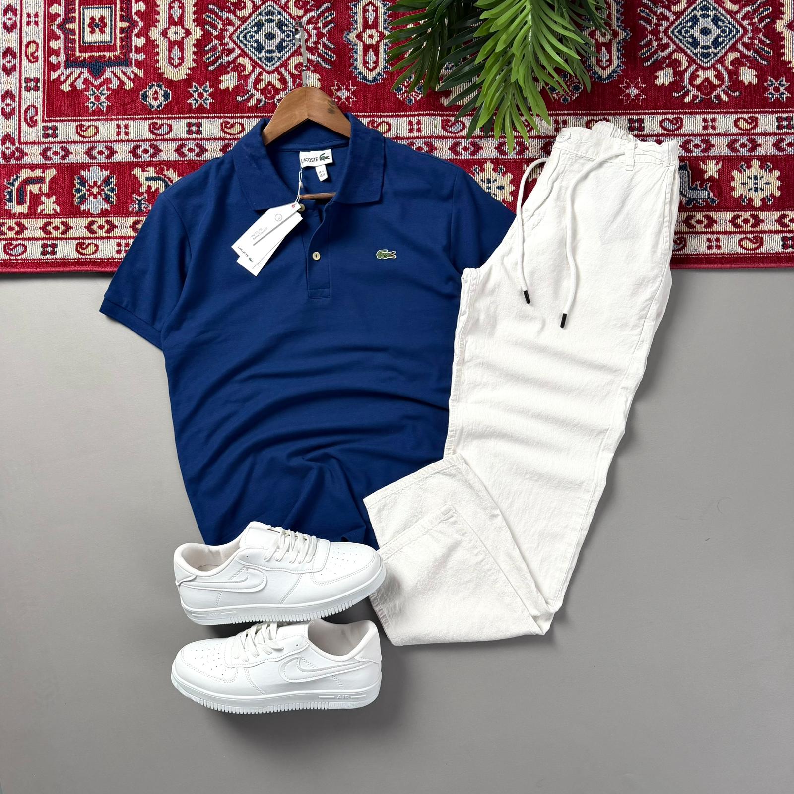 Lacivert Lacoste Polo Yaka Beyaz Keten Pantolonlu Kombin