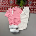 Pembe Lacoste Polo Yaka Beyaz Keten Pantolonlu Kombin