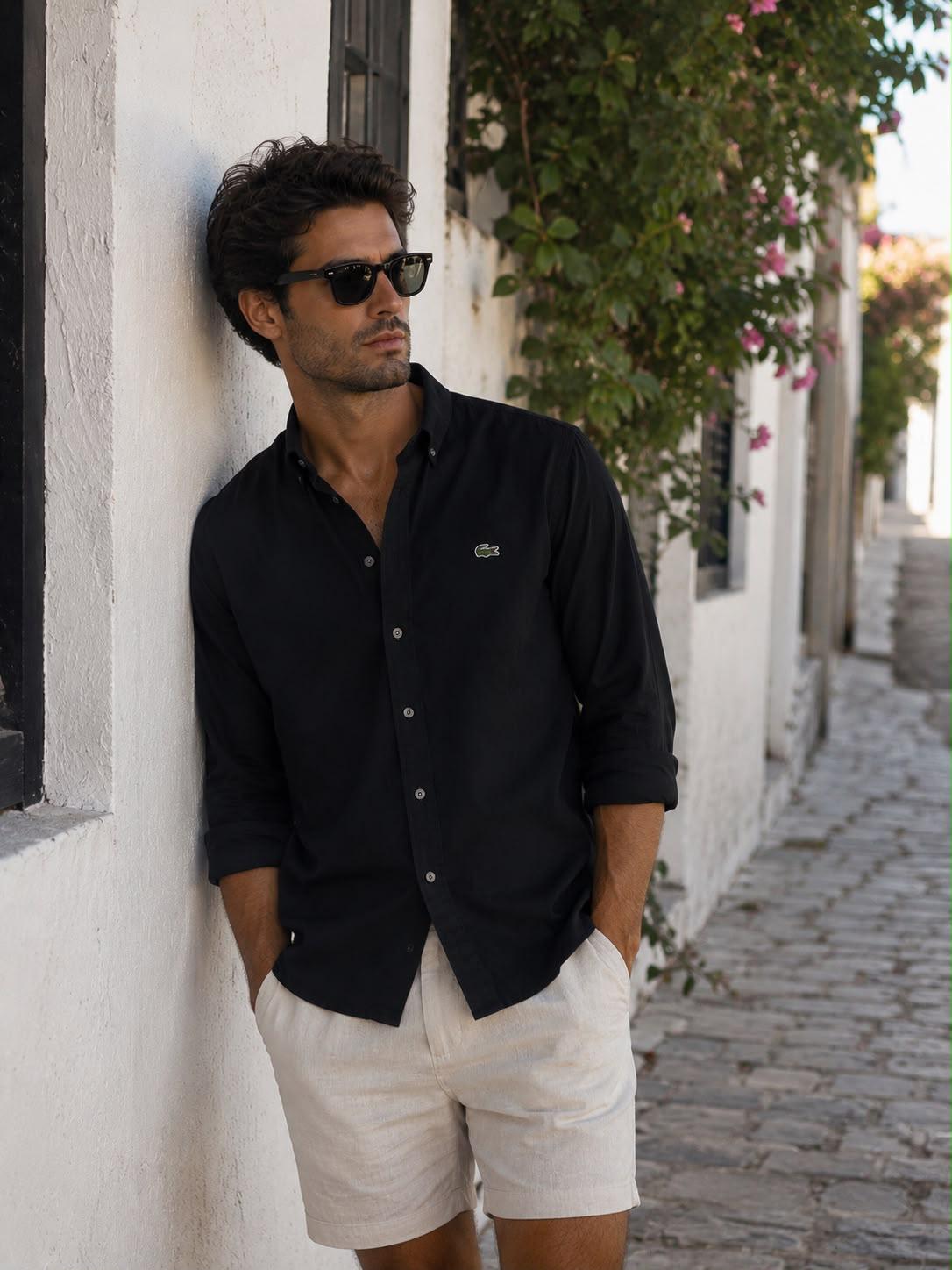 Lacoste Siyah Yazlık Keten Gömlek