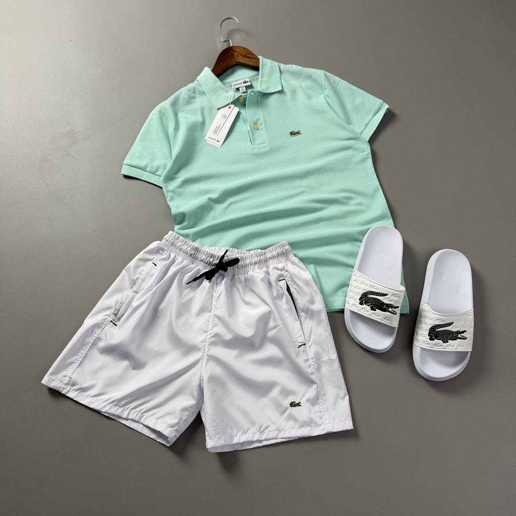 Lacoste Erkek Mint Yeşili & Beyaz Yazlık Kombin Seti – Polo Tişört, Deniz Şortu ve Terlik