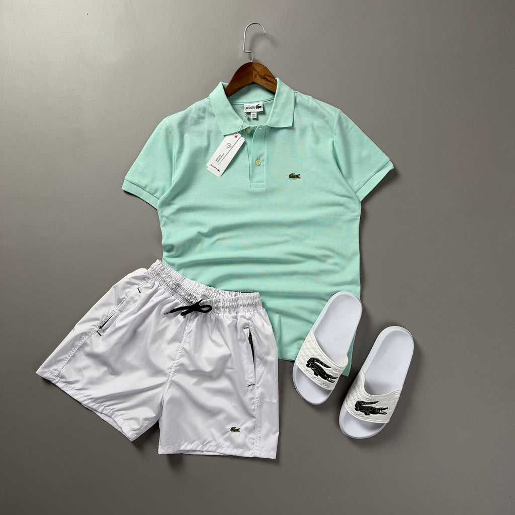 Lacoste Erkek Mint Yeşili & Beyaz Yazlık Kombin Seti – Polo Tişört, Deniz Şortu ve Terlik