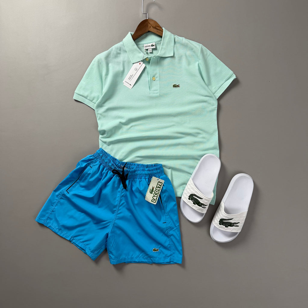 Lacoste Erkek Mint Yeşili & Turkuaz Yazlık Kombin Seti – Polo Tişört, Deniz Şortu ve Terlik